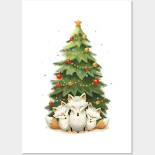 Festive Fox Trio Beneath the Christmas Tree Posters and Art